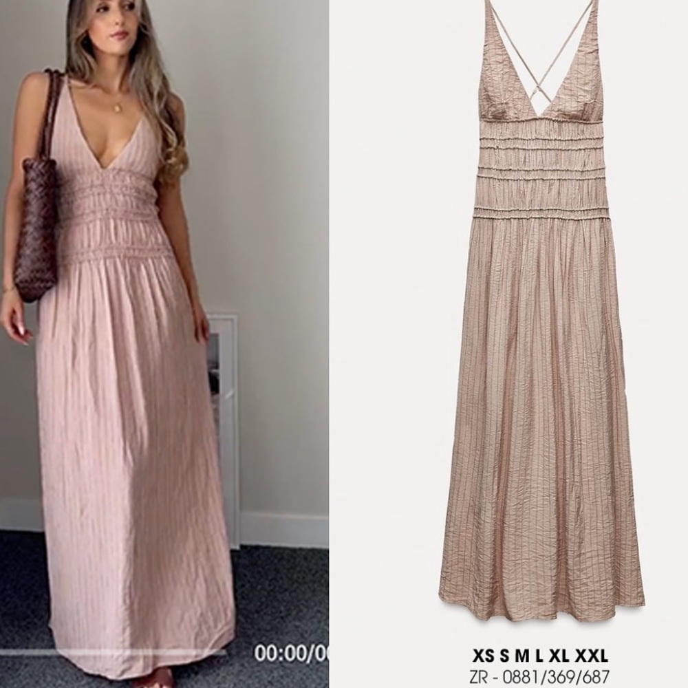 Zara Blush Pink V-Neck Smocked Midi Dress